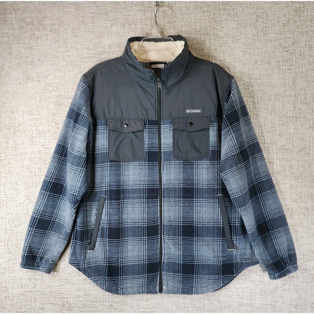 Columbia Benton Springs Plaid Fleece Jacket Shacket Mens XL Blue Sherpa‎ Collar